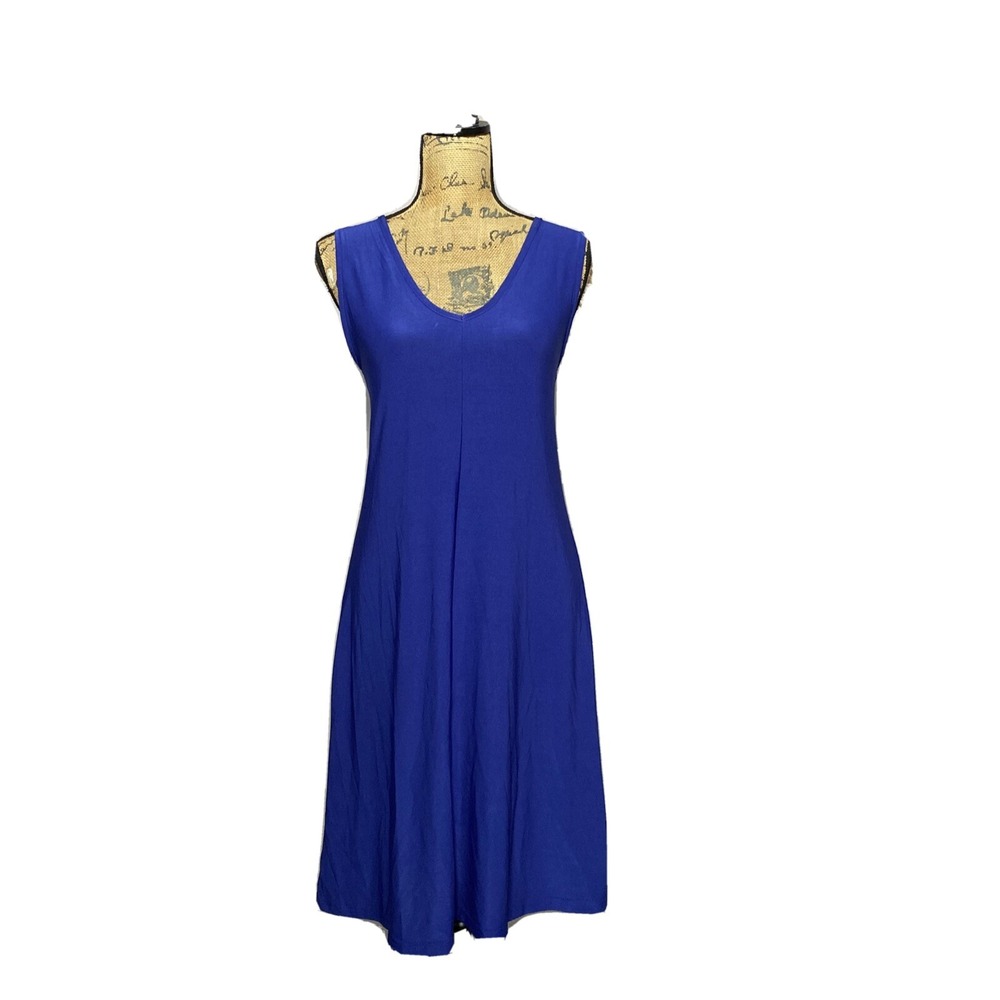 Lily Firmiana Dress SMALL‎ Dark Blue Knit A Line Swing Open Back Stretch